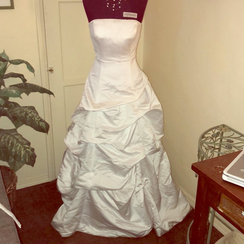White strapless lace back wedding dress